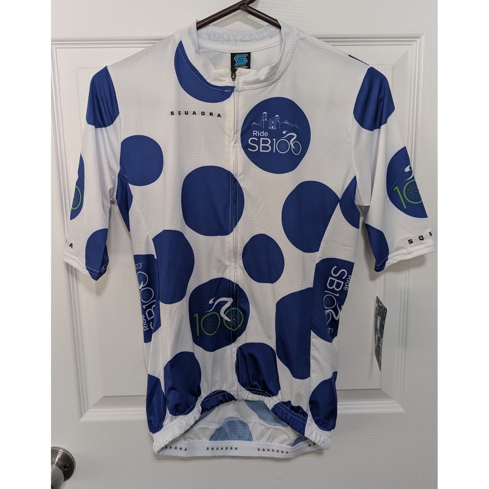Squadra Ride Santa Barbara 100 Aero Cycling Jersey Mens Medium White Blue Polka